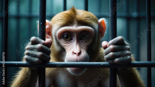 Monkey imprisoned in a metal cage in a wildlife experiment