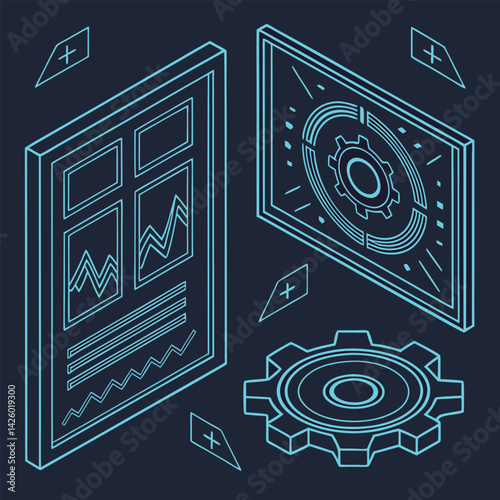 Futuristic neon shapes, glowing blue geometric frames, holographic interface elements, sci fi HUD design, cyberpunk aesthetics vector illustration