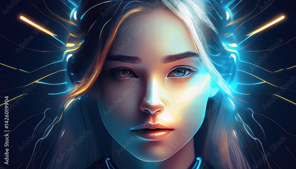 Mystic Encounter A Young Woman Bathed in a Luminous Streak Amidst the Shadows, Embracing an Ethereal Ambiance of Mystery and Whimsy.