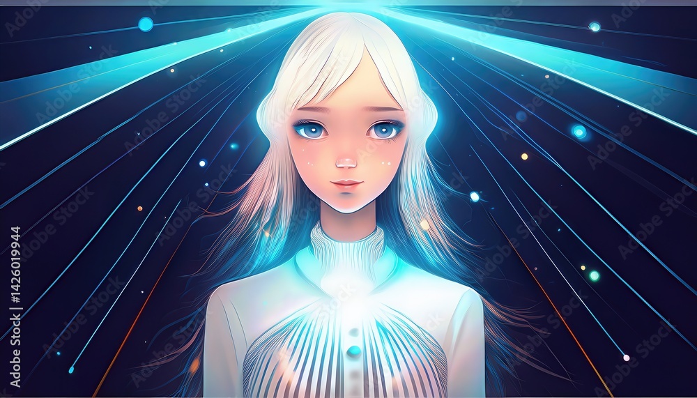 Girl bathed in Stripe of Light Enigmatic Figure in Monochromatic Scene, Showcasing a Splash of Brilliance Amidst Shadows, Perfect for Modern Art, Home Decor, and Design Inspiration.