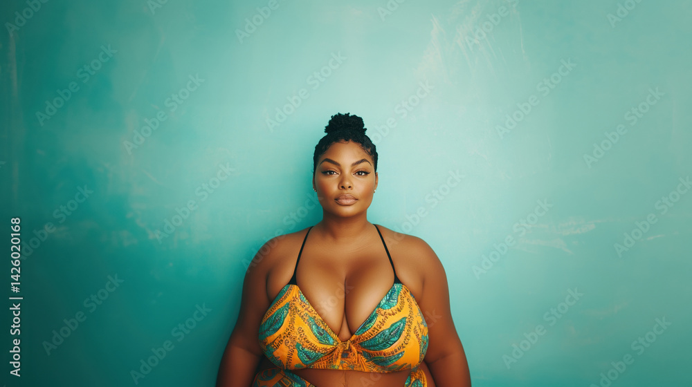 Obraz premium Plus-size woman in a bold yellow and teal bikini poses against a blue background, embracing her beauty and self-confidence.