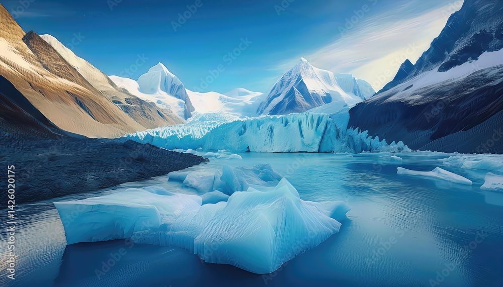 Stark Glacier Conservation Efforts in Icy Mountain Range at Sunrise, Frozen Peaks Shimmering with Blue and White Hues, Capturing a Moment of Hope for our Planets Future.