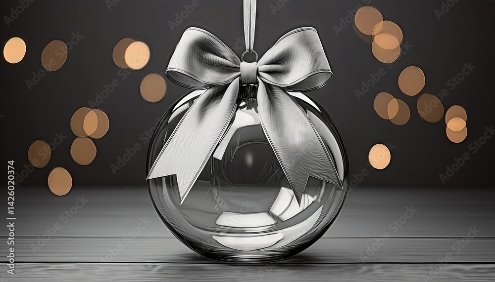 Shimmering Glass Christmas Ball adorned with a Red Velvet Bow, Illuminating a Winter Wonderland Scene with a Touch of Elegance and Magic, Perfect for Digital Art or Home Decoration.