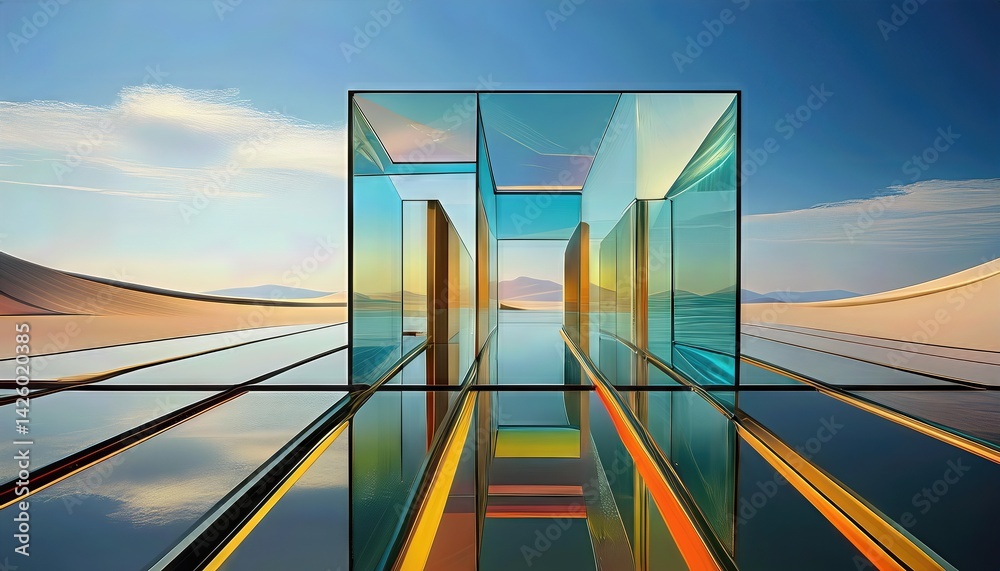 Minimalist Glass Sculptures in Modern Urban Setting, Elegant Geometric Shapes Reflecting Soft Light Against a Backdrop of Industrial Architecture, Evoking a Sense of Calm and Sophistication.