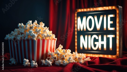 Vintage movie night scene featuring popcorn and snacks