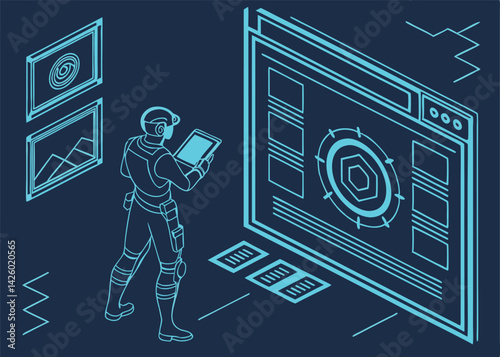 Futuristic neon shapes, glowing blue geometric frames, holographic interface elements, sci fi HUD design, cyberpunk aesthetics vector illustration
