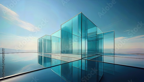 Obraz na płótnie Minimalist Architectural Forms Modern Glass Structure Basking in the Twilight, Showcasing Sleek Geometry and Translucent Textures, Projecting a Serene Ambiance in an Urban Jungle. w salonie