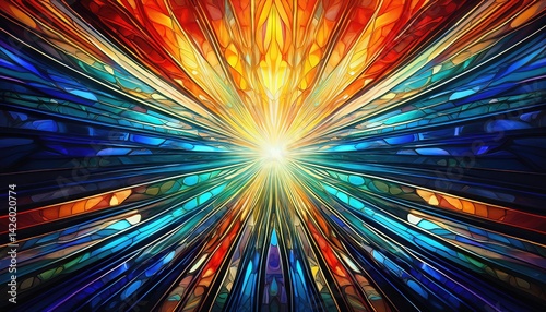 Obraz na płótnie Electrifying Rays Illuminate an Abstract Glass Sculpture in a Mystical Dreamscape, Embracing Shadows and Kaleidoscopic Hues at Dusk. w salonie