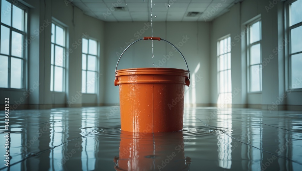 Water leak causing drops in an office building with red bucket catching ceiling drips