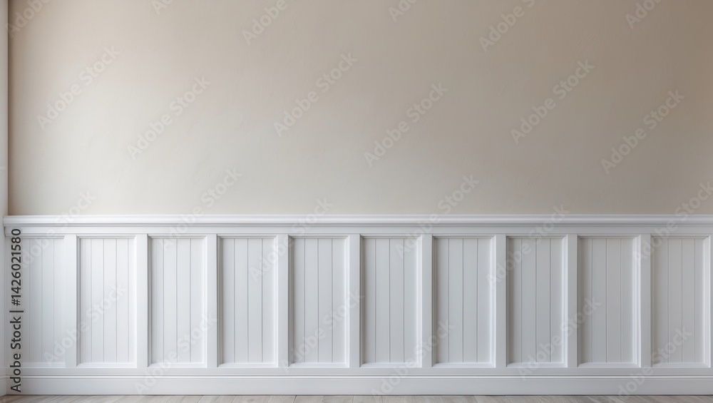 White wall paneling with decorative beadboard and trim
