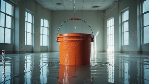 Water leak causing drops in an office building with red bucket catching ceiling drips