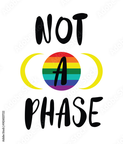 Gay self acceptance phrase with pride flag and crescent moon, symbolizing phases of the moon. Hand drawn isolated vector illustration