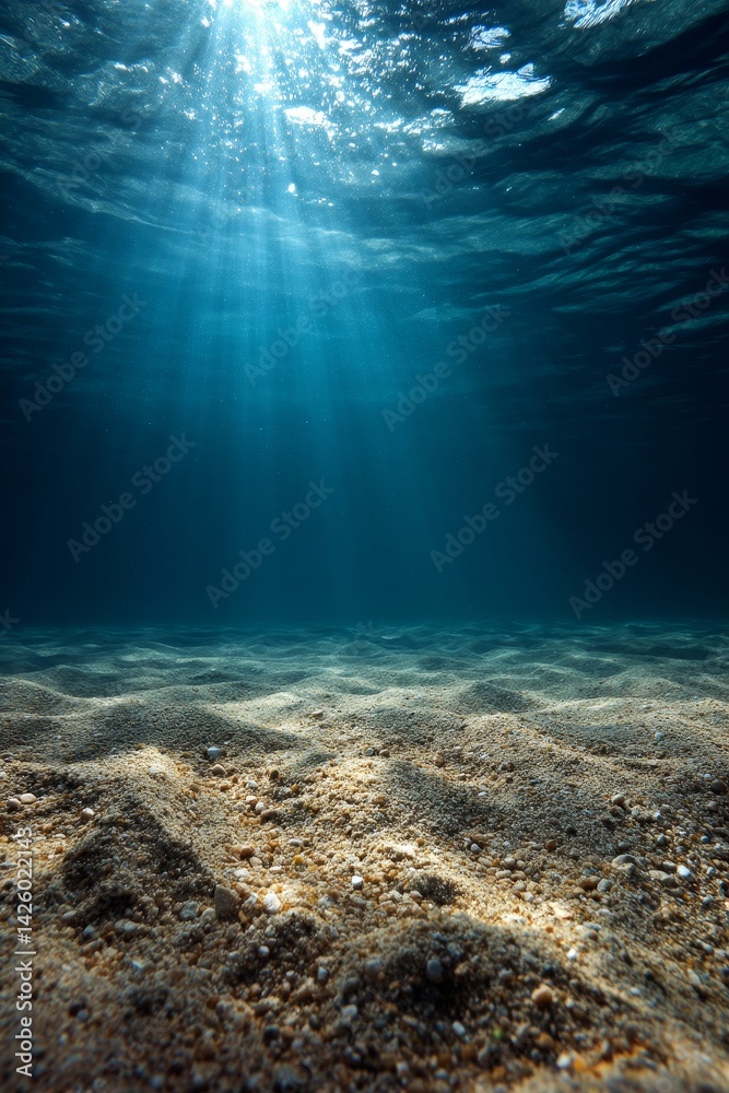 Fototapeta premium Ocean Floor: Sunlight Beams Illuminate Sandy Seabed with Pebbles, Underwater Scene