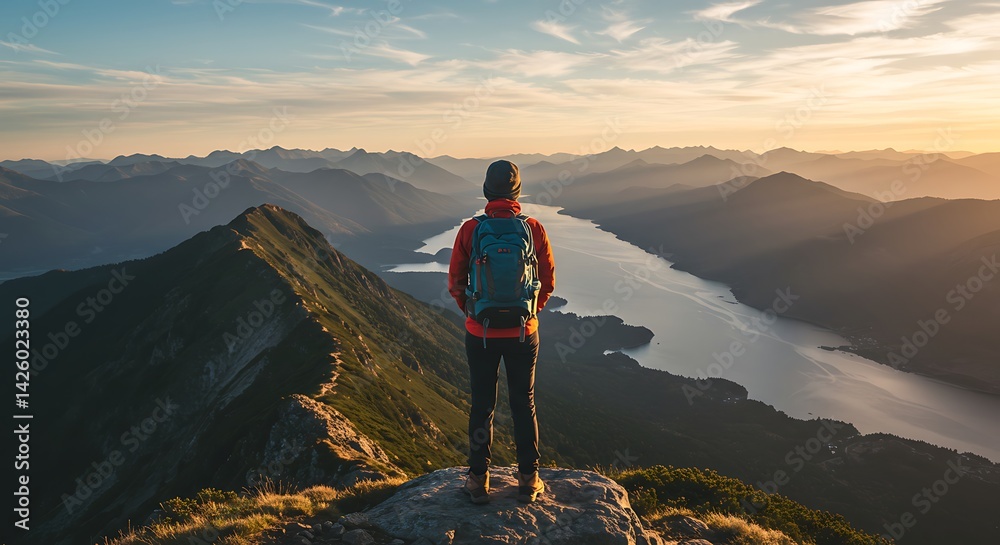 Fototapeta premium Backpacker Gazing Over Serene Mountain Lake at Sunrise, Alaska Landscape, Outdoor Adventure, Hiking Trip, Nature Photography, Travel Destination, Golden Hour