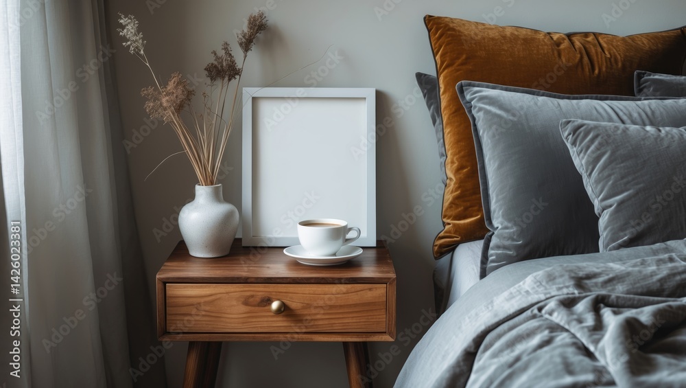 White frame mockup displayed on a wooden bedside table alongside a modern ceramic vase with dry grass and a coffee cup. Bedroom interior featuring linen and velvet pillows.