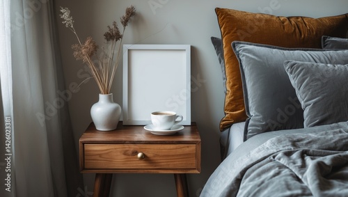 Obraz na płótnie White frame mockup displayed on a wooden bedside table alongside a modern ceramic vase with dry grass and a coffee cup. Bedroom interior featuring linen and velvet pillows. w salonie