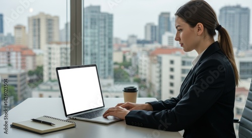 Businesswoman working on laptop in modern office, perfect for marketing or education stock photos.