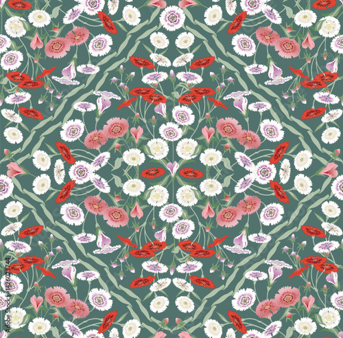  A Colorful Field of Blooming Dianthus Flowers. Vector illustration of a seamless pattern 	