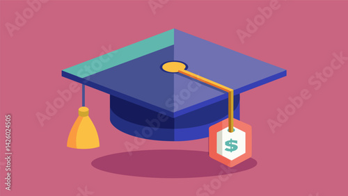 A digital rendering of a graduation cap with a translucent price tag floating above it suggesting the intangible yet impactful burden of student. Vector illustration