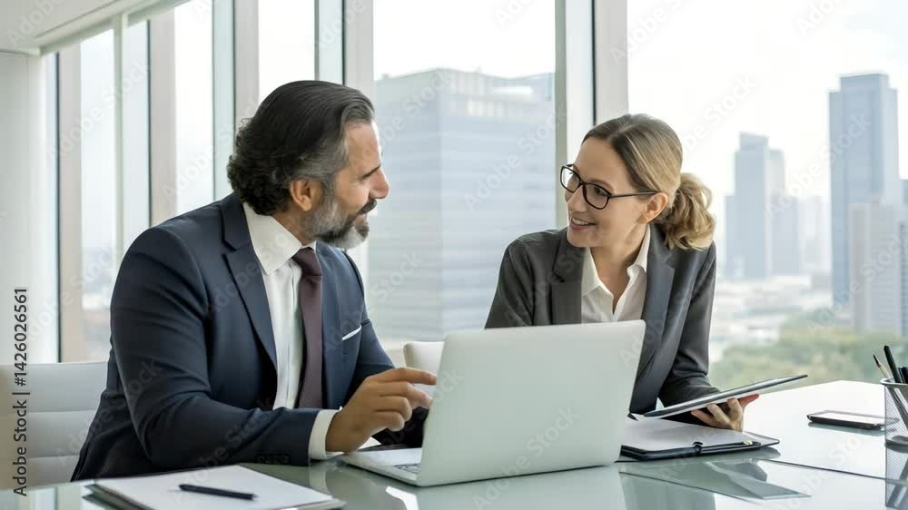 Professional Business Partners Collaborating on Laptop and Tablet in Modern Office Professional Business Partners Collaborating on Laptop and Tablet in Modern Office