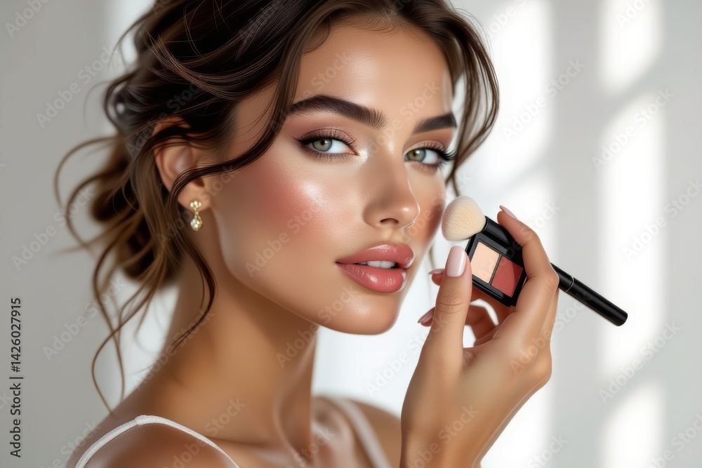 Beautiful woman with slim face, green eyes, brown hair in messy bun, makeup brush in right hand. Concept of natural beauty highlighting slim face, diet, and elegance. Beautiful woman with slim face, green eyes, brown hair in messy bun, makeup brush in right hand. Concept of natural beauty highlighting slim face, diet, and elegance.