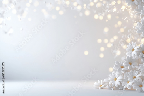 Soft light background with white daisy flowers creating serene atmosphere, perfect for spring themes and celebrations. gentle bokeh adds dreamy touch to composition