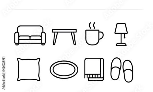Minimalist home essentials icon set: cozy and functional outline design