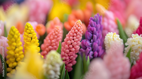 vibrant display of colorful flowers showcases variety of hues, including pink, yellow, purple, and white. close up captures intricate details and textures, evoking sense of joy and beauty