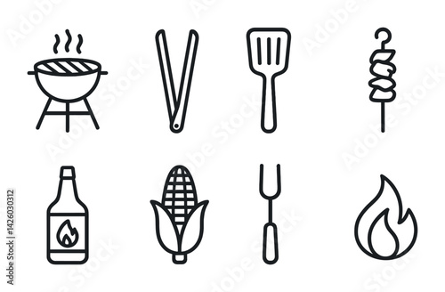 Bbq icons set: grilling, cooking, and outdoor essentials in linear style