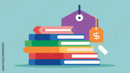 A stack of textbooks with price tags showing a high cost but a few textbooks labeled as scholarshipfunded with lower prices depicting the impact of. Vector illustration