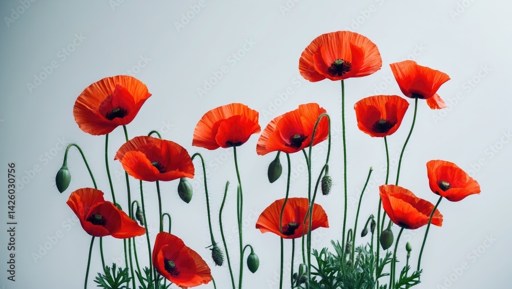 Fototapeta premium Bright Red Poppies with White Background