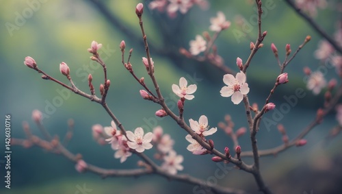 Easter-themed floral decoration with a cuddly gray cat among blooming cherry blossom buds