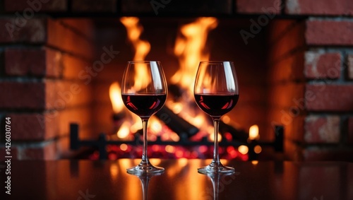 Close-up of a burning fireplace creating a cozy evening atmosphere with two glasses of red wine