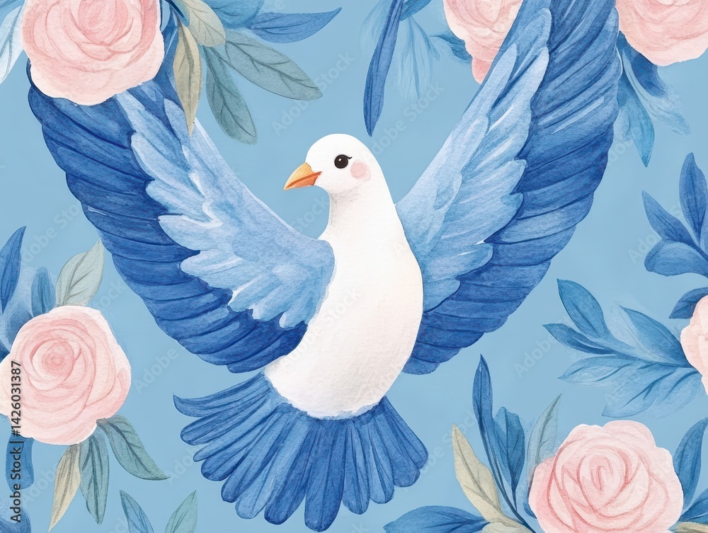 Fototapeta premium Dove soars amidst watercolor roses