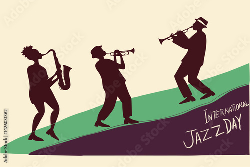 International Jazz Day Celebration Silhouette of Musicians Playing Instruments.
