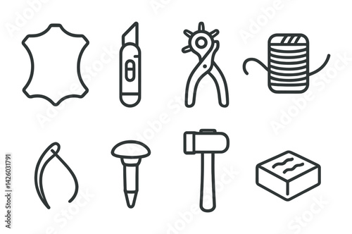 Leatherworking tools icons set: flat outline design for craftsmanship projects