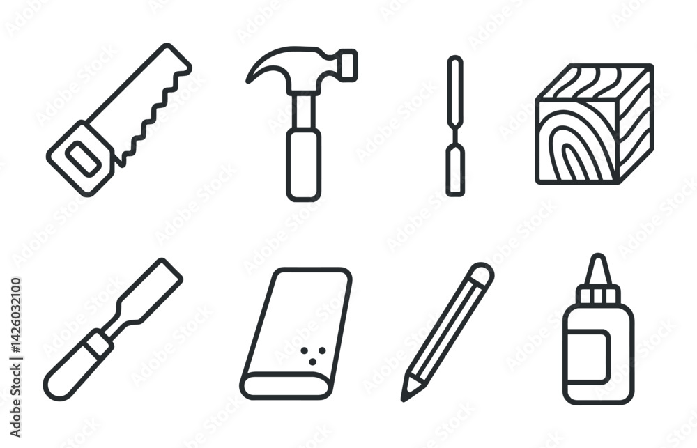 Carpentry tools icon set: linear style featuring hand saw, hammer, wood, and more
