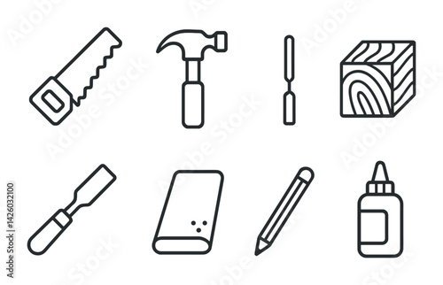 Obraz na płótnie Carpentry tools icon set: linear style featuring hand saw, hammer, wood, and more w salonie