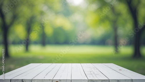 Fototapeta Naklejka Na Ścianę i Meble -  White wood table with counter background and product display backdrop in a spring and summer outdoor garden park
