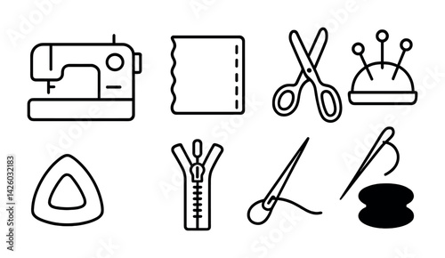 Sewing icons set: linear style with stitch, needle, and scissors designs