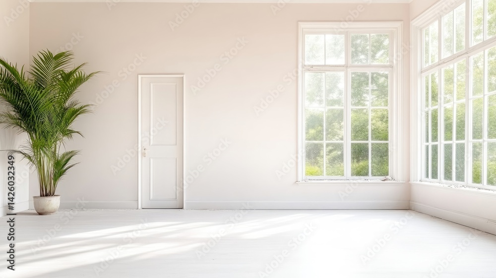 Bright, empty room with large windows Bright, empty room with large windows