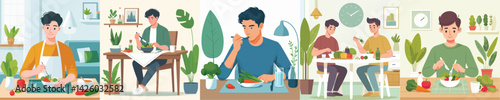 young man character vector eating vegetables