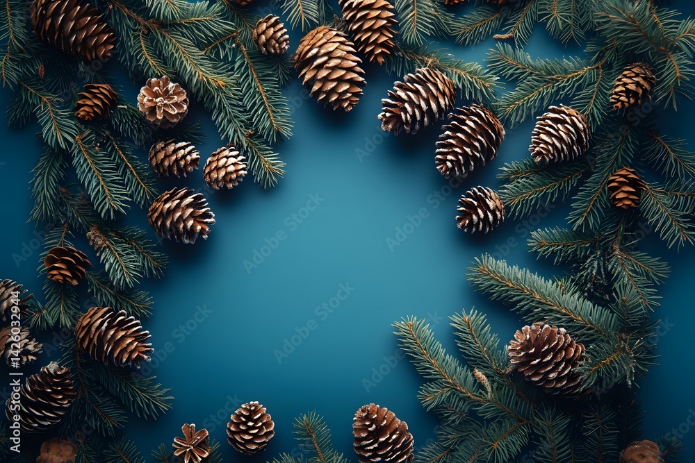 Naklejka premium Pinecones and evergreen branches arranged in a festive frame on blue background, Christmas and winter nature concept