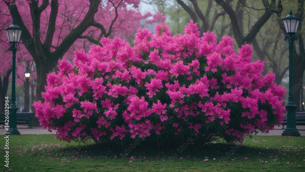 Fototapeta premium Flowering azalea bush in the public square