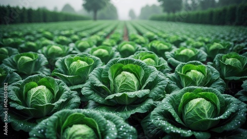 Cabbage and vegetable plants in a lush garden setting