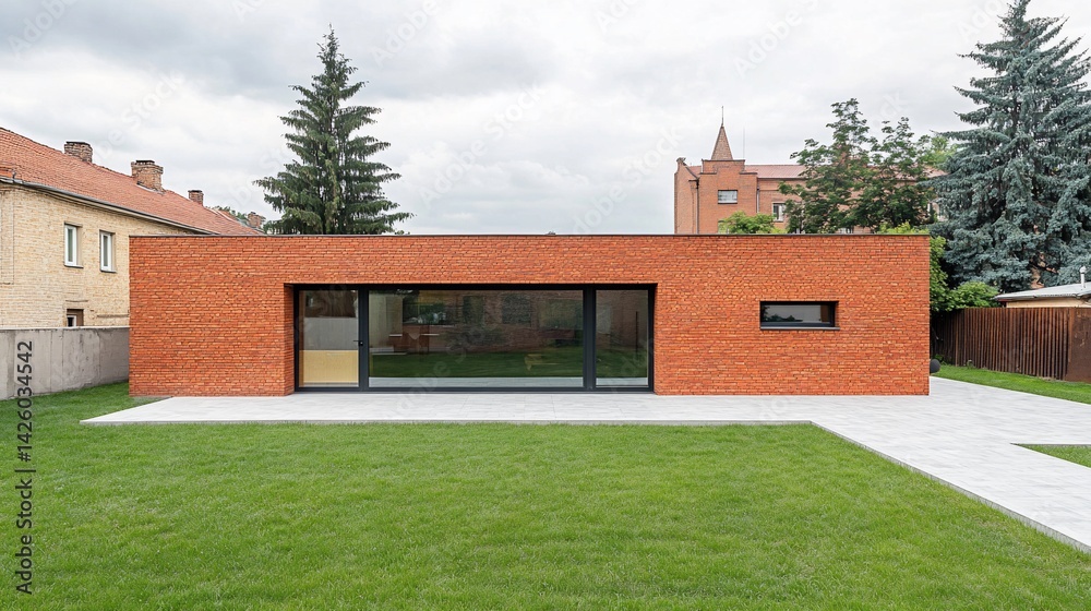 Obraz premium Modern red brick house, large window, lawn