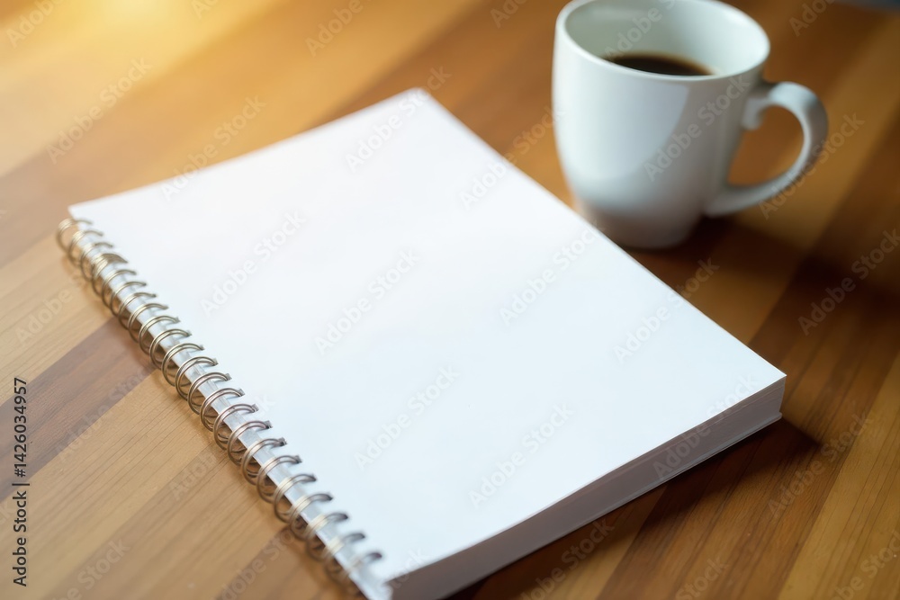 Empty notebook, white coffee mug, wooden surface, bright light, empty, mockup, blank Empty notebook, white coffee mug, wooden surface, bright light, empty, mockup, blank