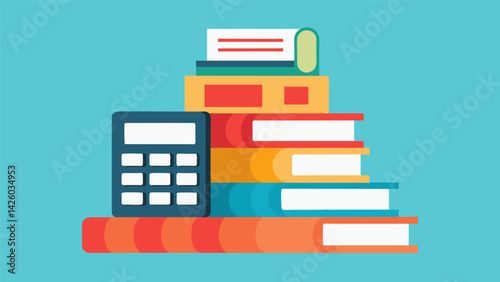 A calculator lying on top of a stack of textbooks symbolizing the calculations and budgeting needed to afford them.. Vector illustration