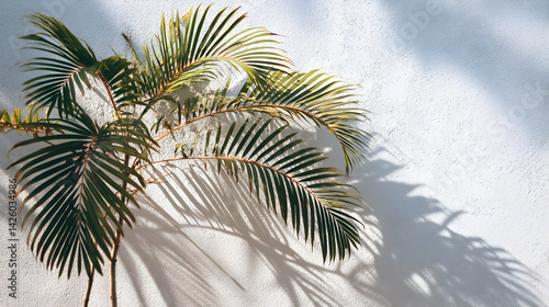 Palm fronds display against textured wall, casting intricate shadows in a serene tropical view