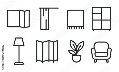 Minimalist linear home decor icon set - furniture, curtains, plants, shelves, and more